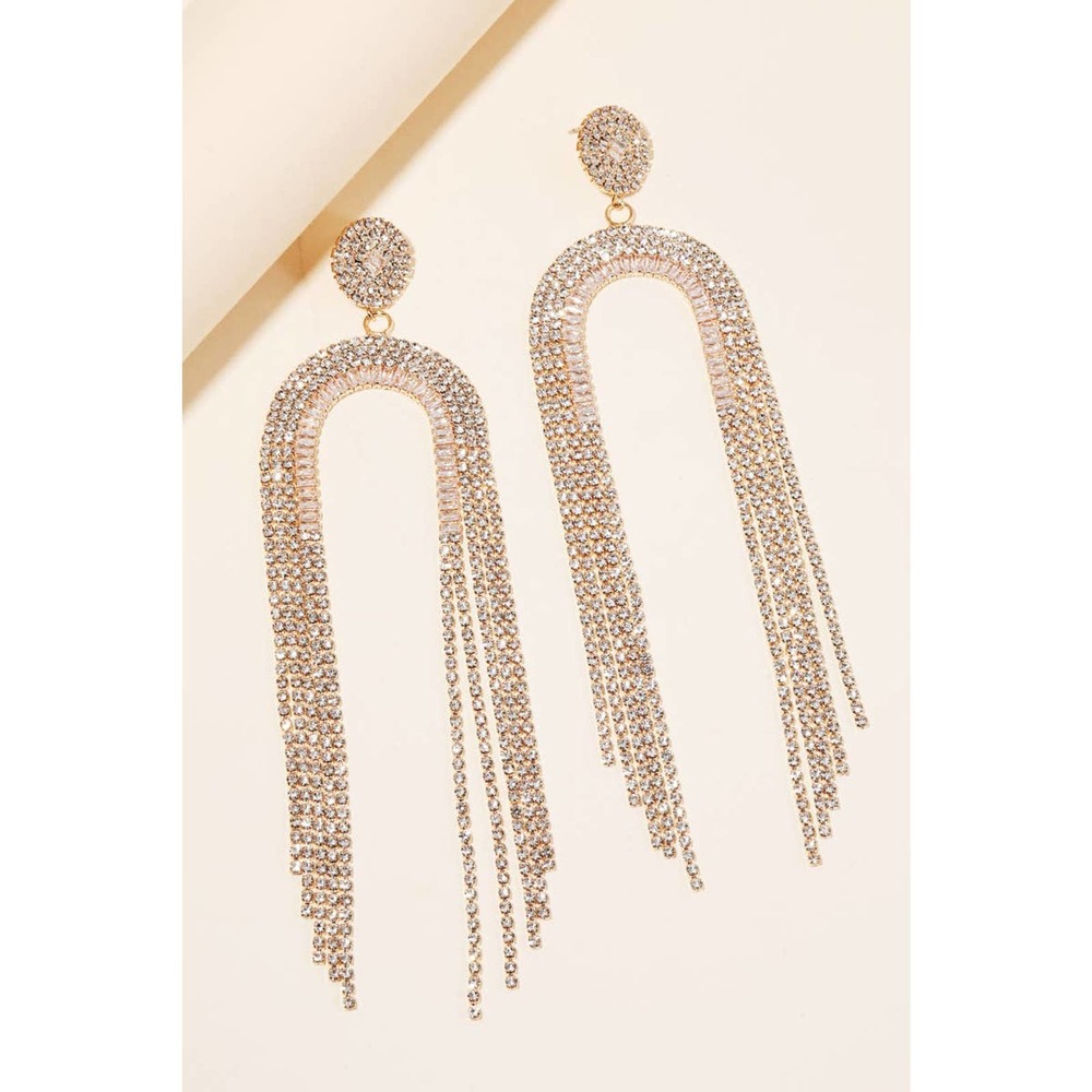 Pave Rhinestone Arch Fringe Statement Earrings